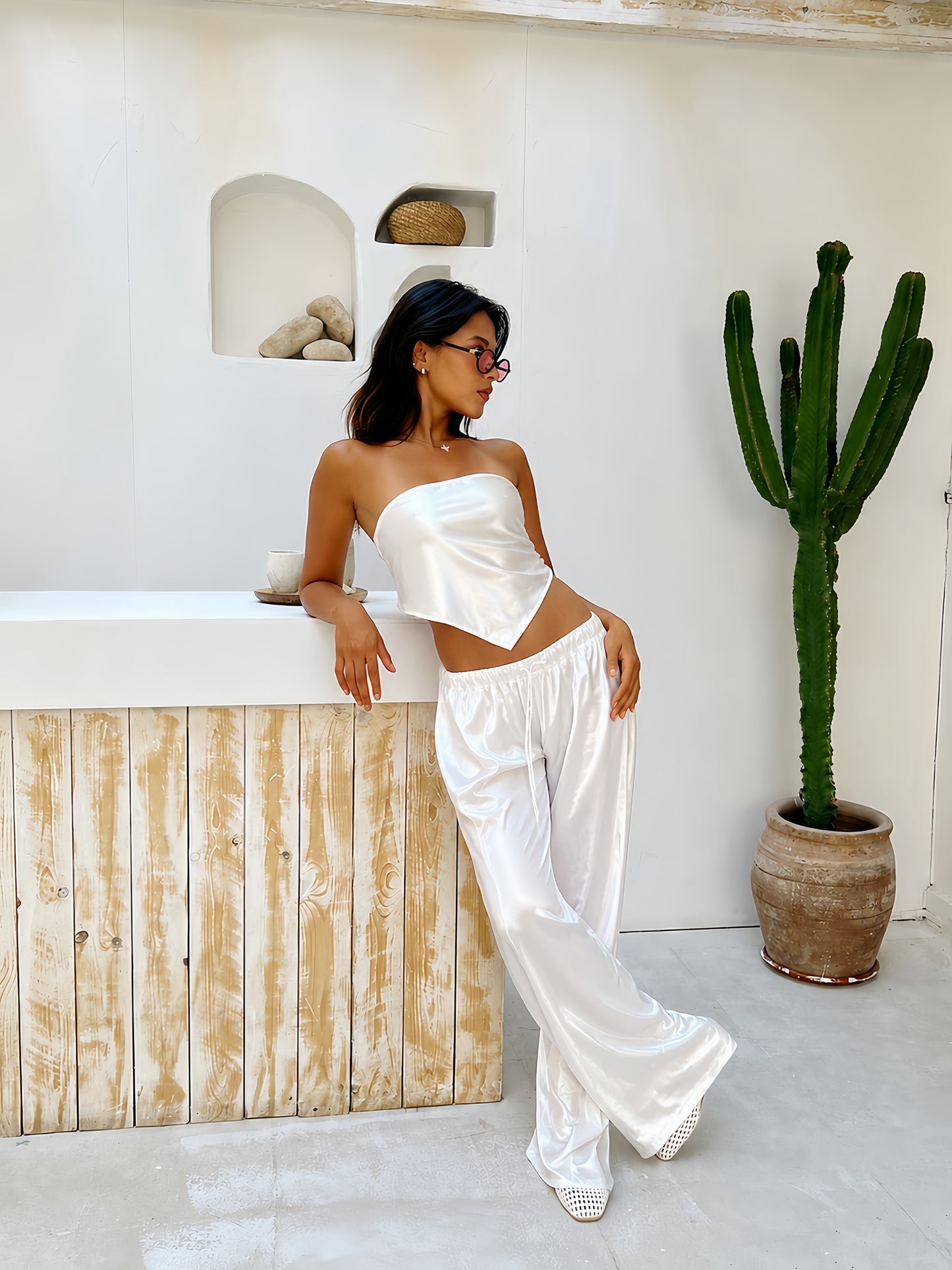 White Allure Satin Scarf Top & Wide-Leg Pants Set