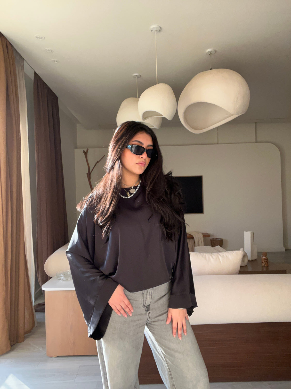 Wide Sleeve Satin Blouse White