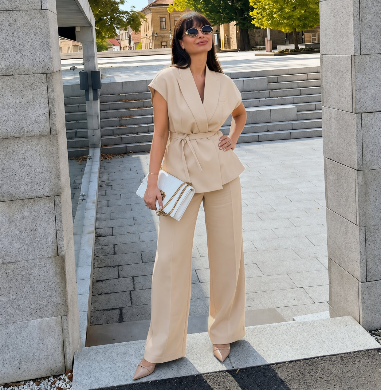 Linen Blend Pleated Set