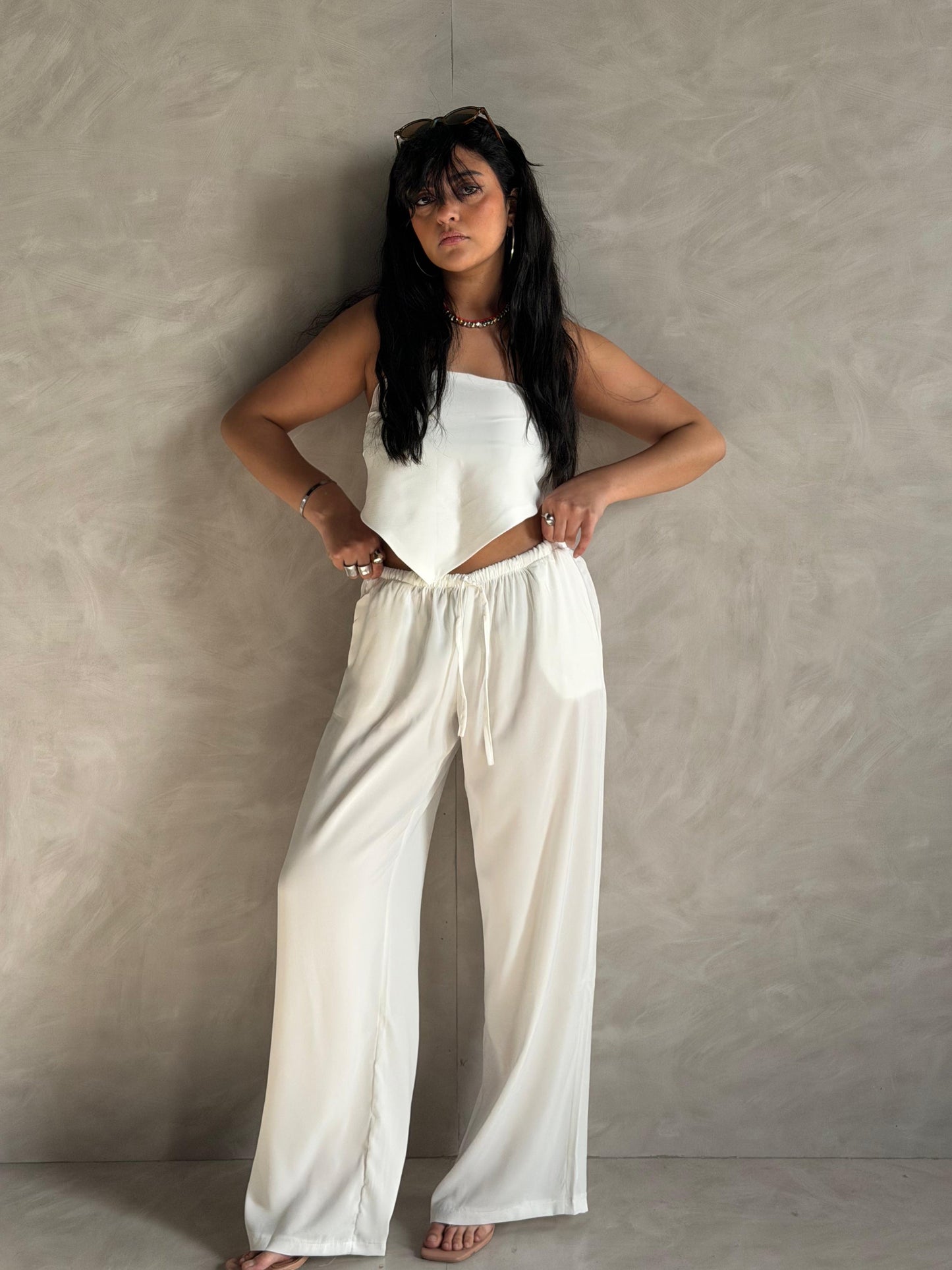 Allure Satin Scarf Top & Wide-Leg Pants Set