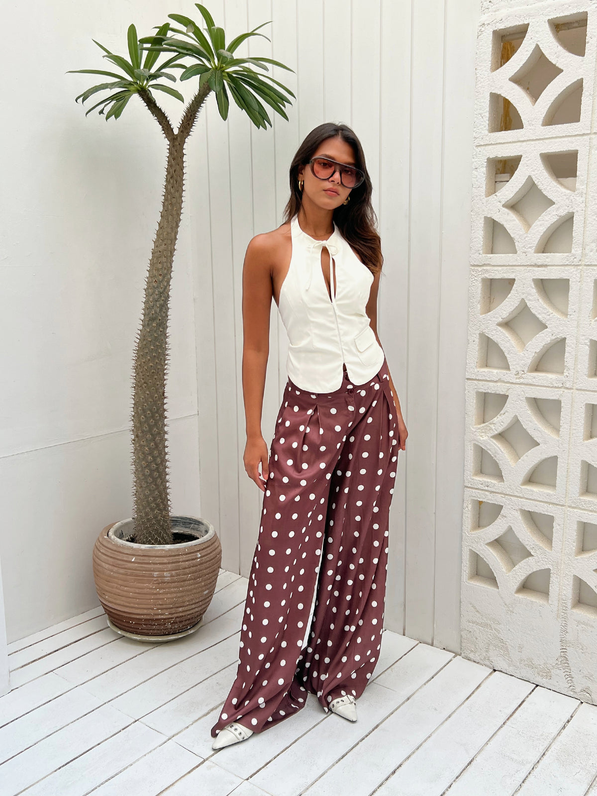 Wide-leg polka dot trousers