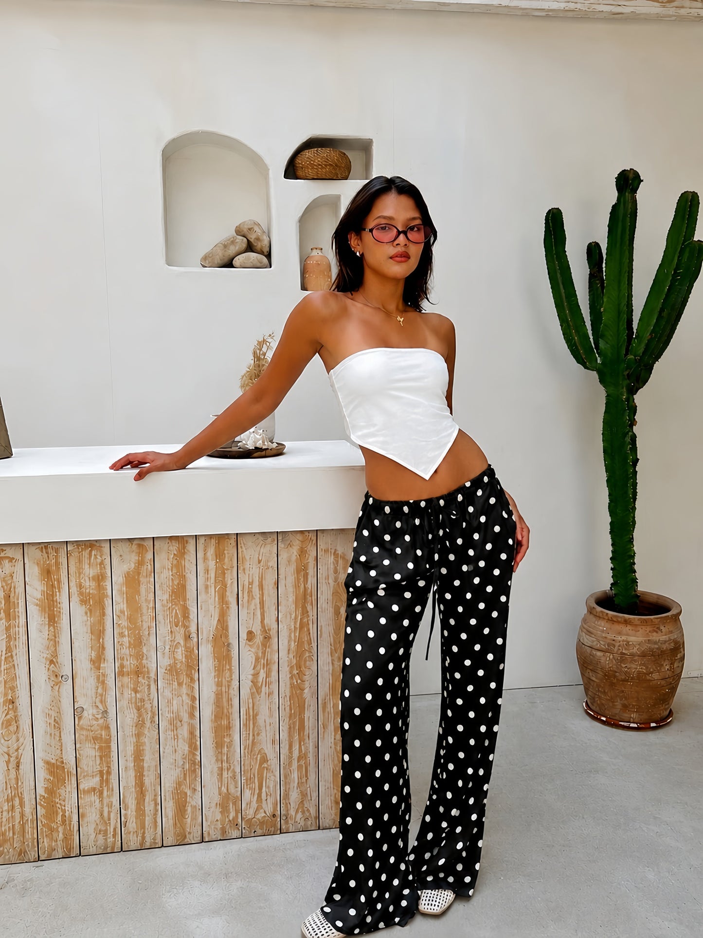 Satin Polka Dot Lounge Set – Black & White