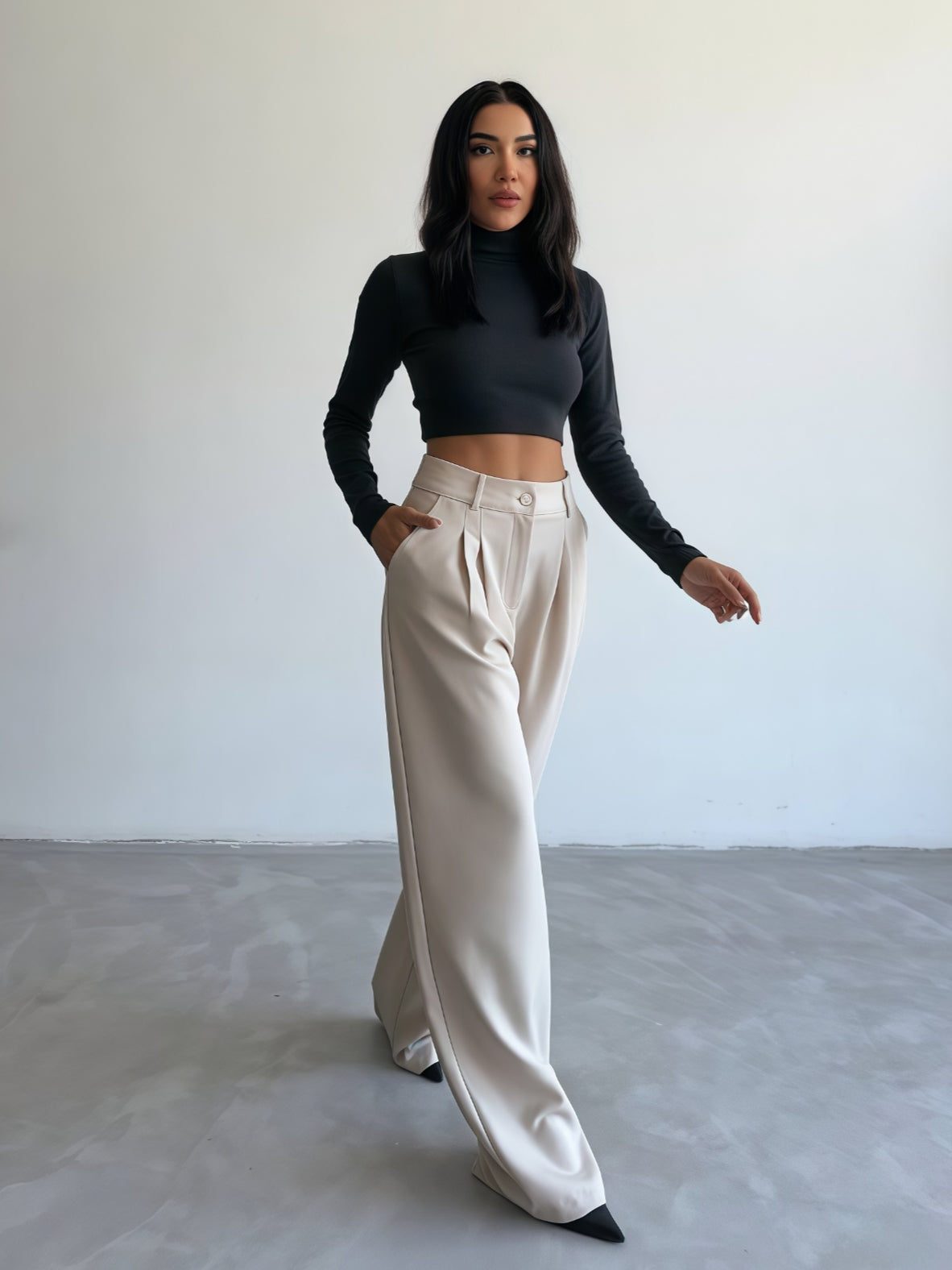 Beige-High Waisted Wide Leg Pants