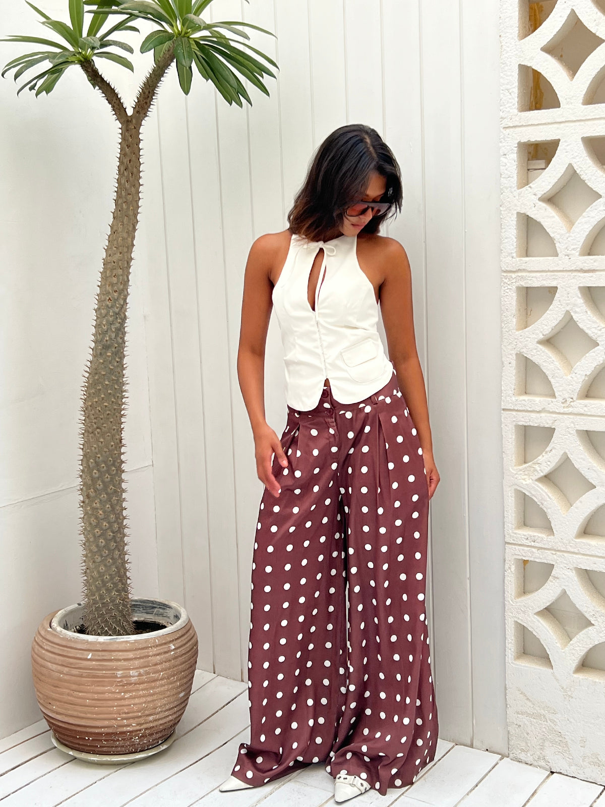 Wide-leg polka dot trousers