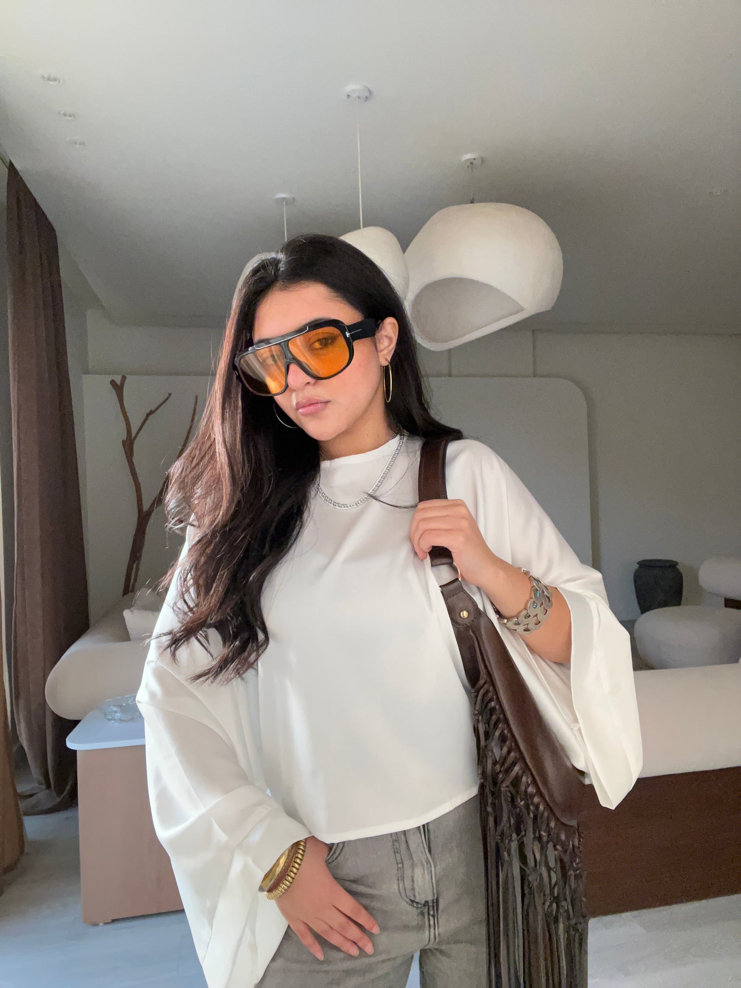 Wide Sleeve Satin Blouse White