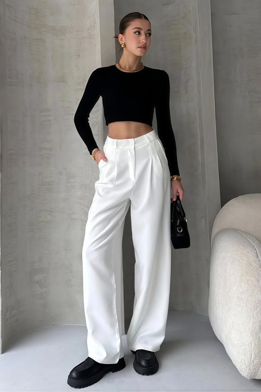 White-High Waisted Wide Leg Pants