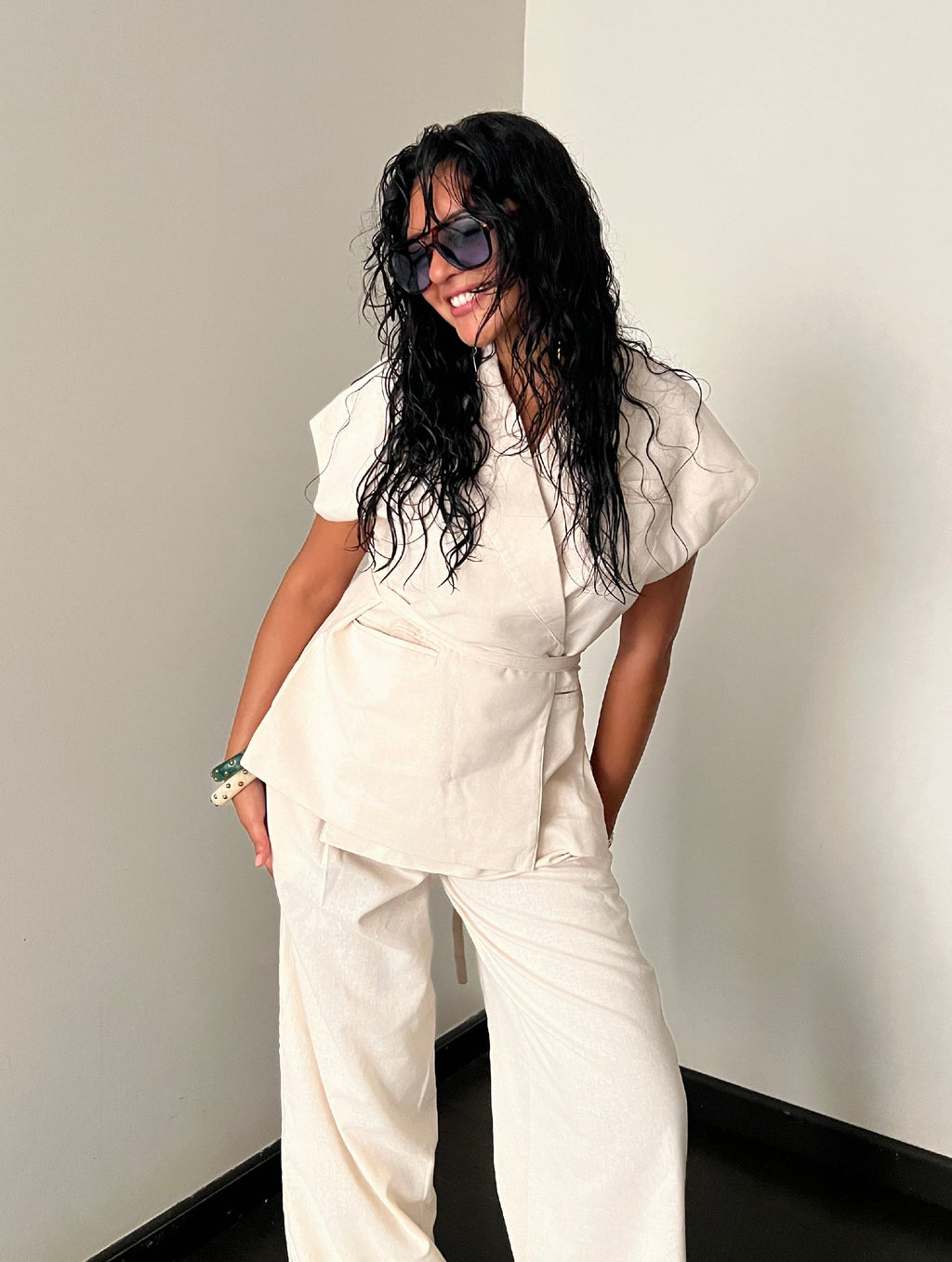 Beige Linen Blend Pleated Sets