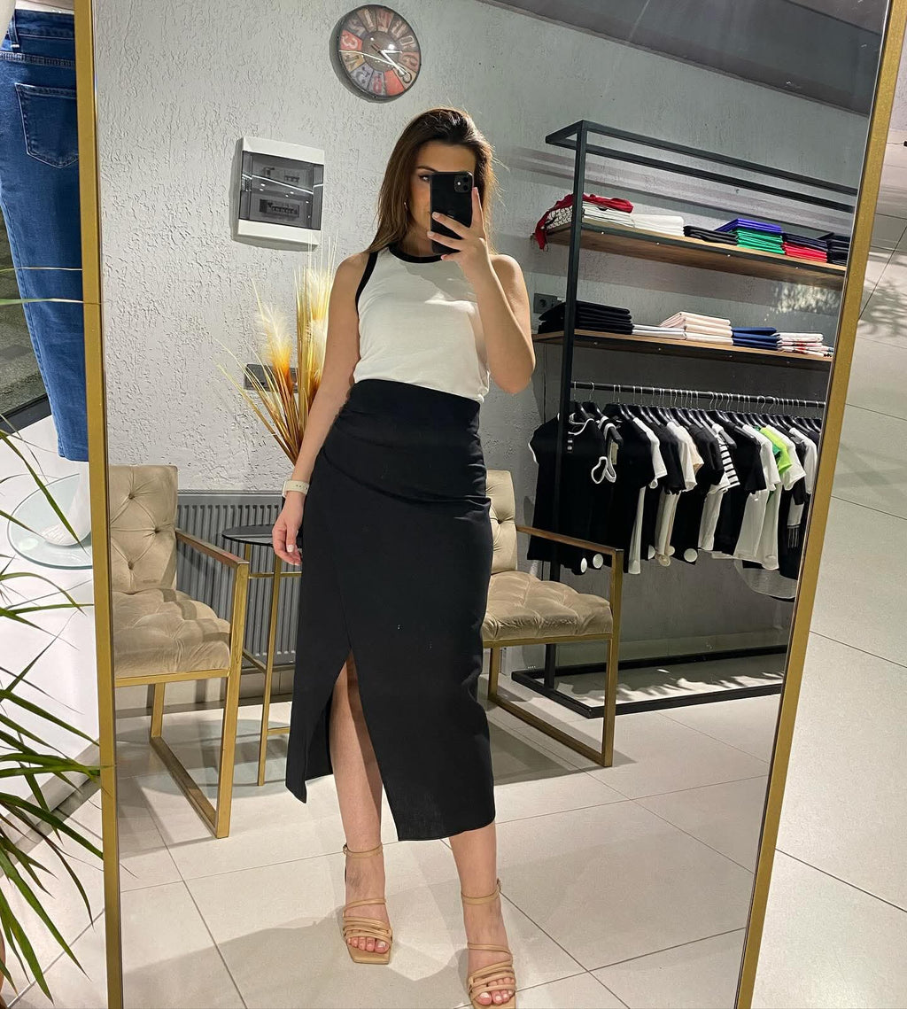 Asymmetric Wrap Midi Skirt - Black