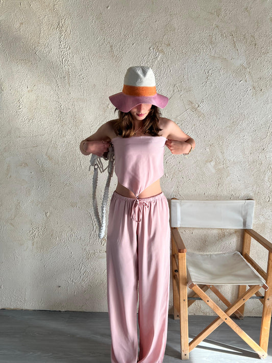 Dusty Pink Allure Satin Scarf Top & Wide-Leg Pants Set