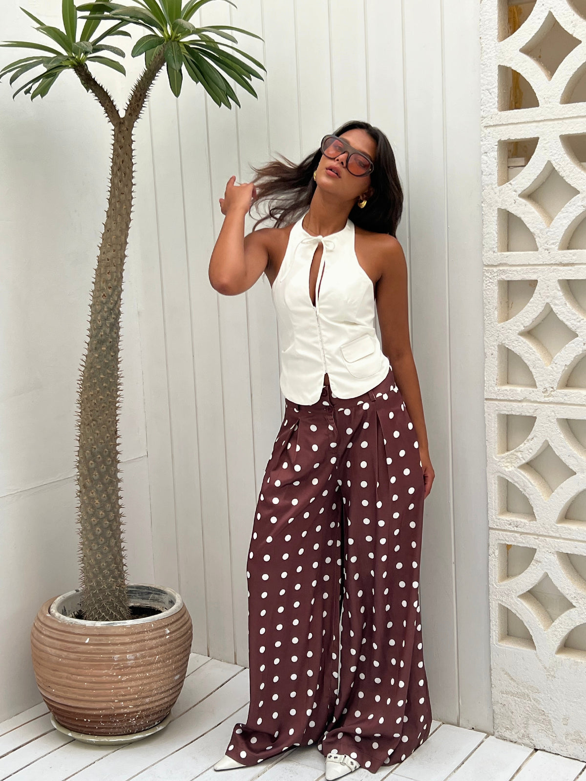 Wide-leg polka dot trousers