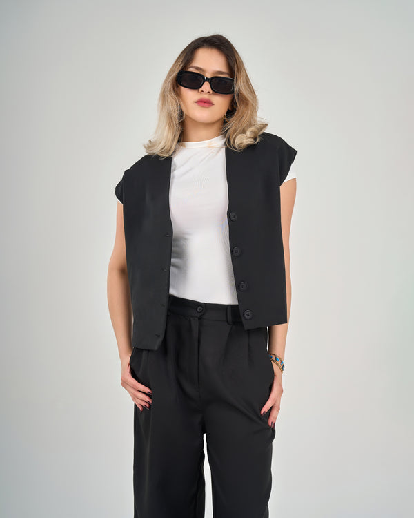Compact v neck vest in black