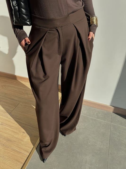 Wide Leg Pleated Trousers Brown