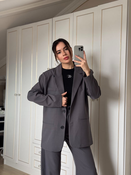 Grey Oversized Textured Basic Blazer