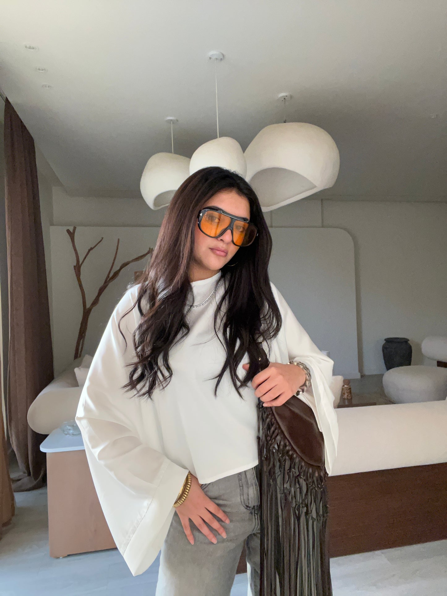 Wide Sleeve Satin Blouse White