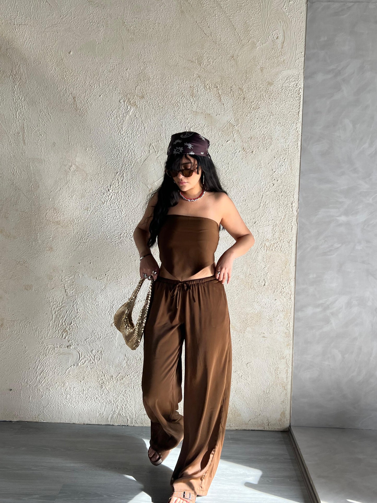 Brown Allure Satin Scarf Top & Wide-Leg Pants Set