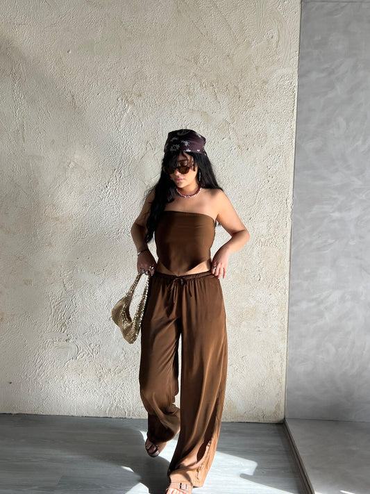 Brown Allure Satin Scarf Top & Wide-Leg Pants Set