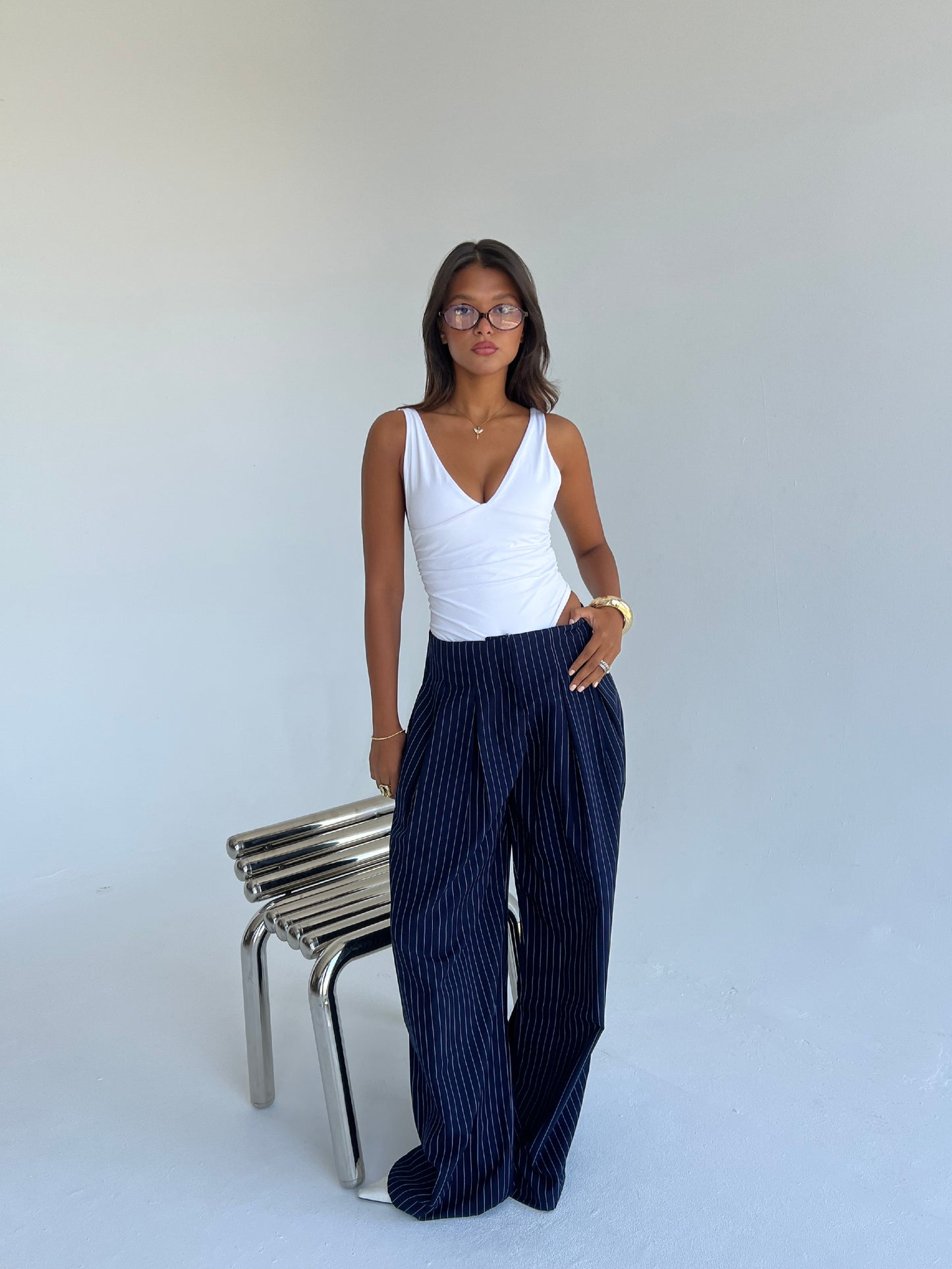 The Riviera Pinstripe Wide-Leg Pants – Navy