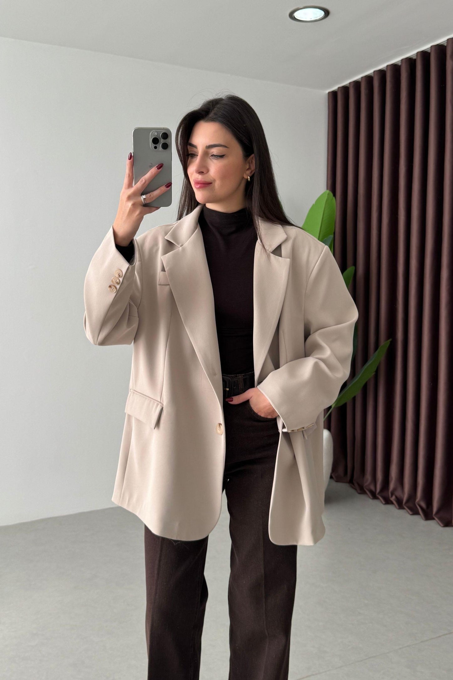 Beige Oversized Textured Basic Blazer