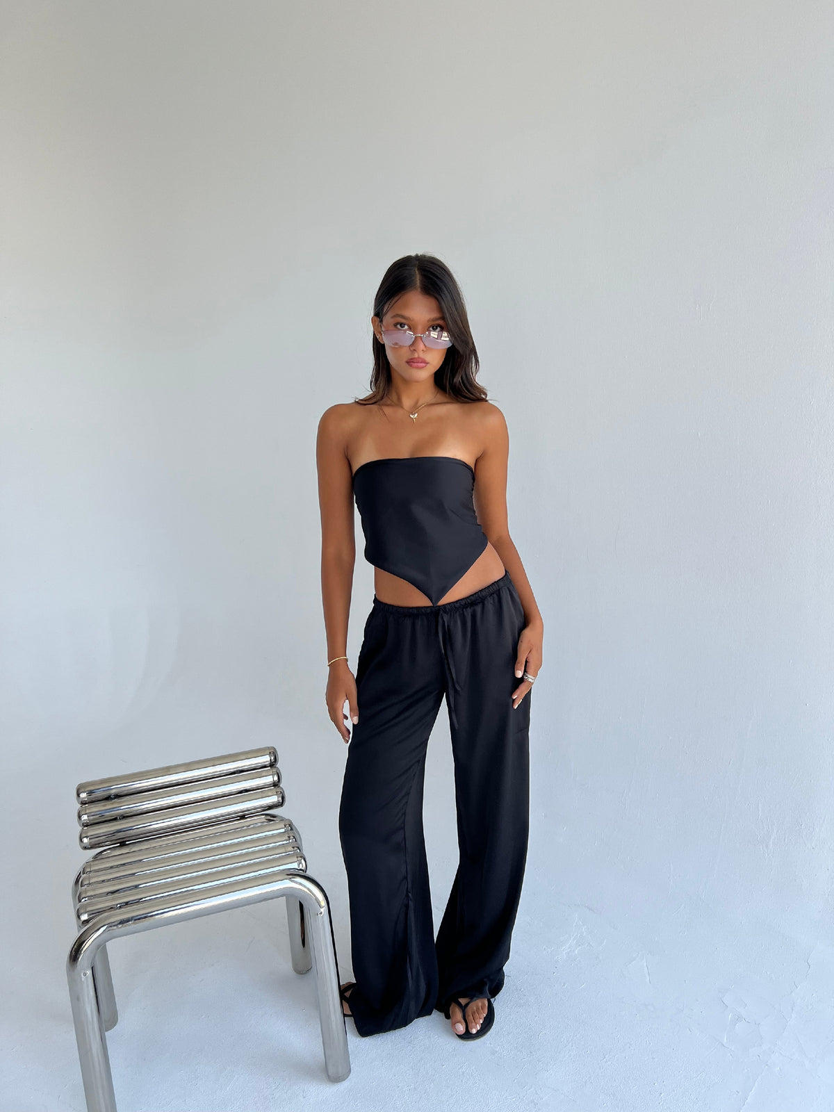 Allure Satin Scarf Top & Wide-Leg Pants Set