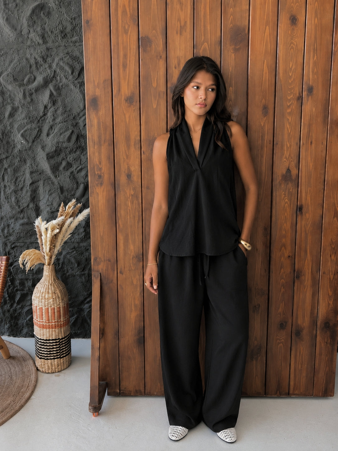 Black Luna Halter Linen Set