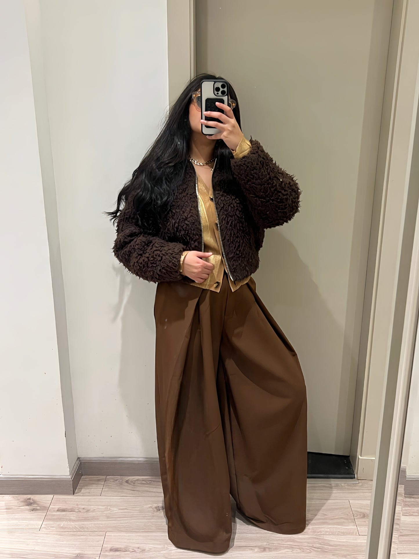 Wide Leg Pleated Trousers Brown