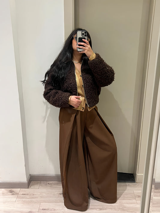 Wide Leg Pleated Trousers Brown