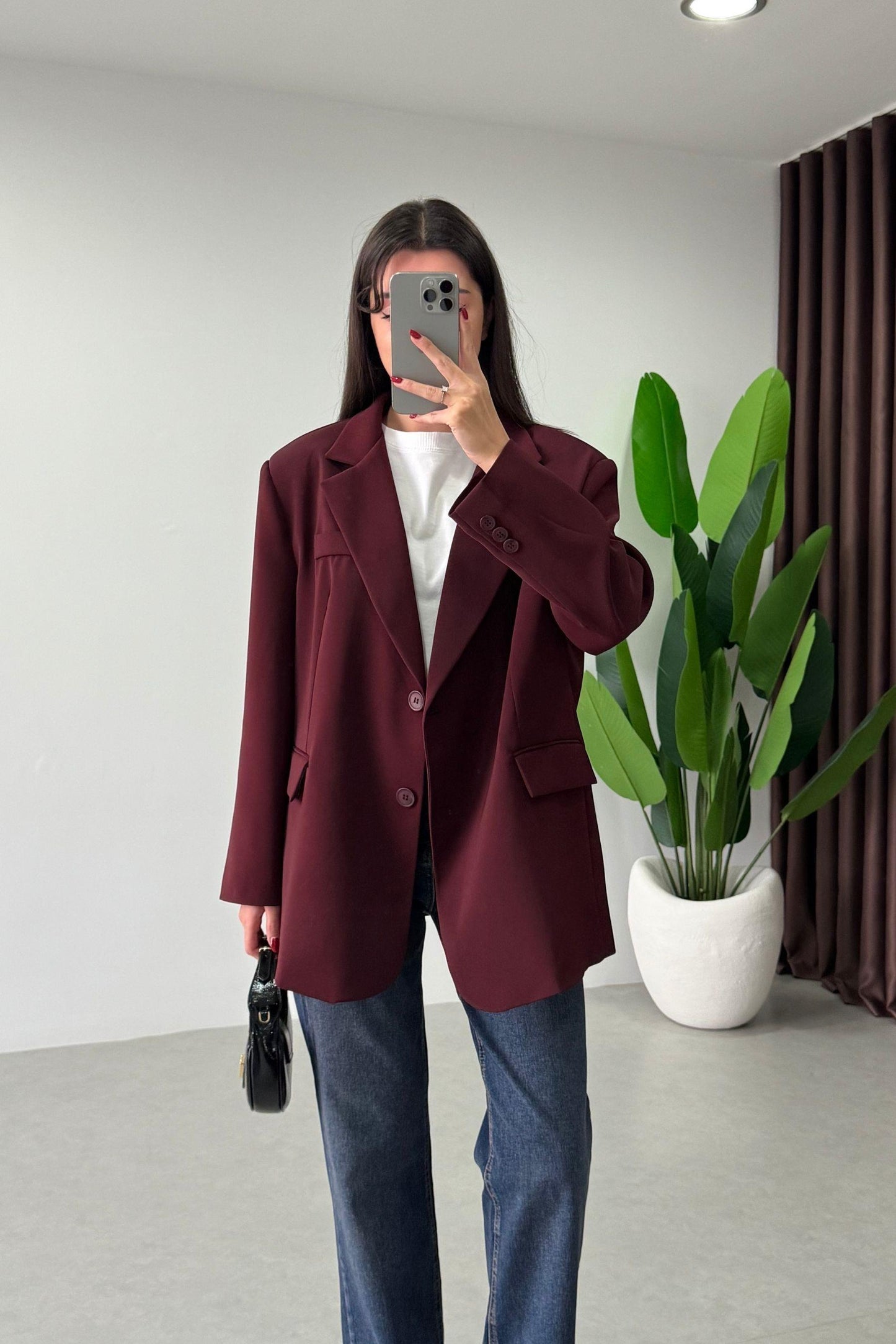 Burgundy Oversized Textured Basic Blazer