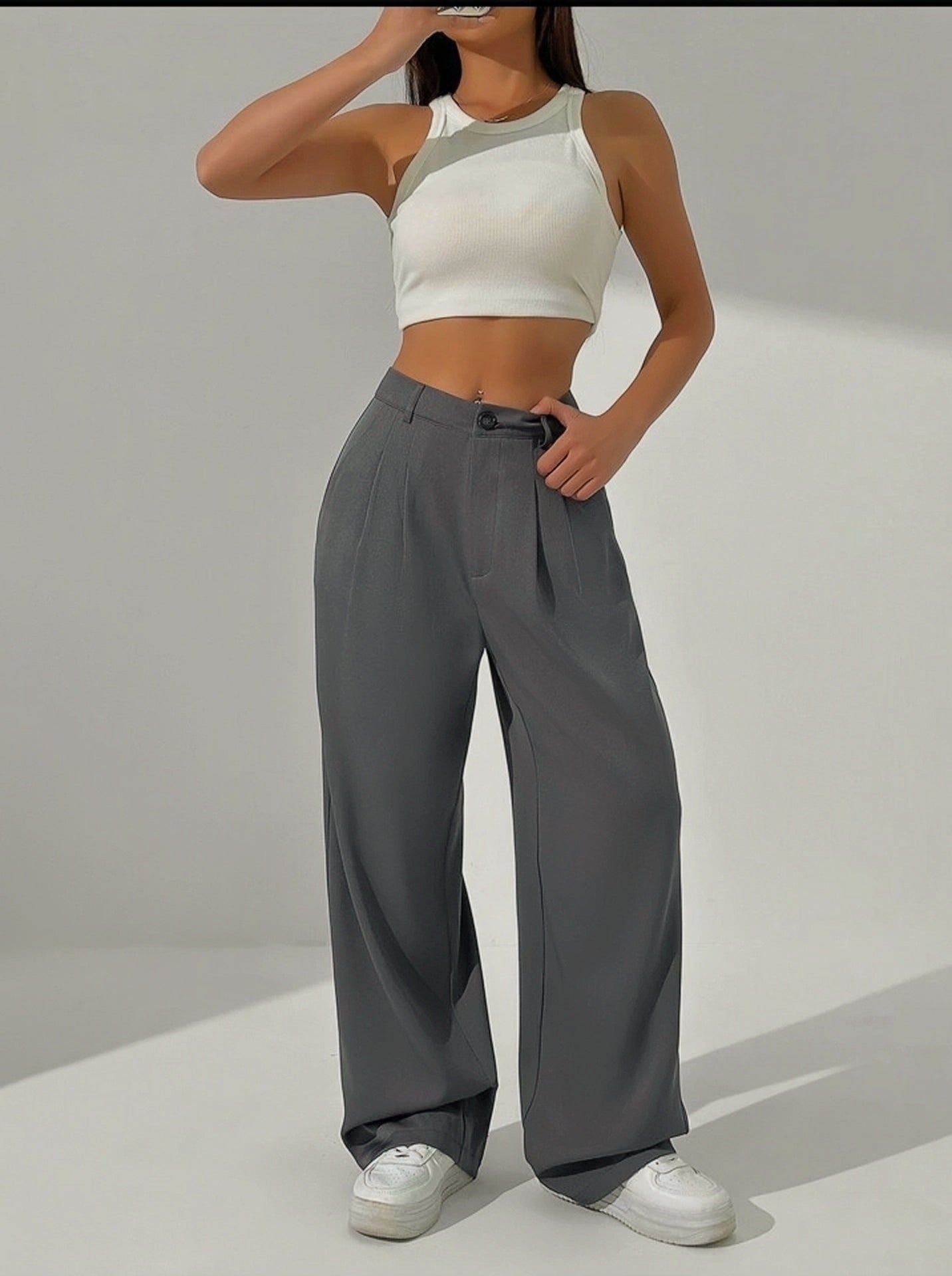 Grey-High Waisted Wide Leg Pants