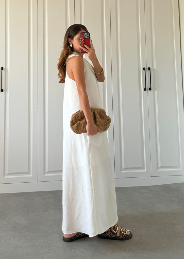 White Back Detailed V Neck Premium Linen Dress