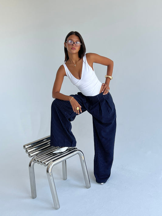 The Riviera Pinstripe Wide-Leg Pants – Navy