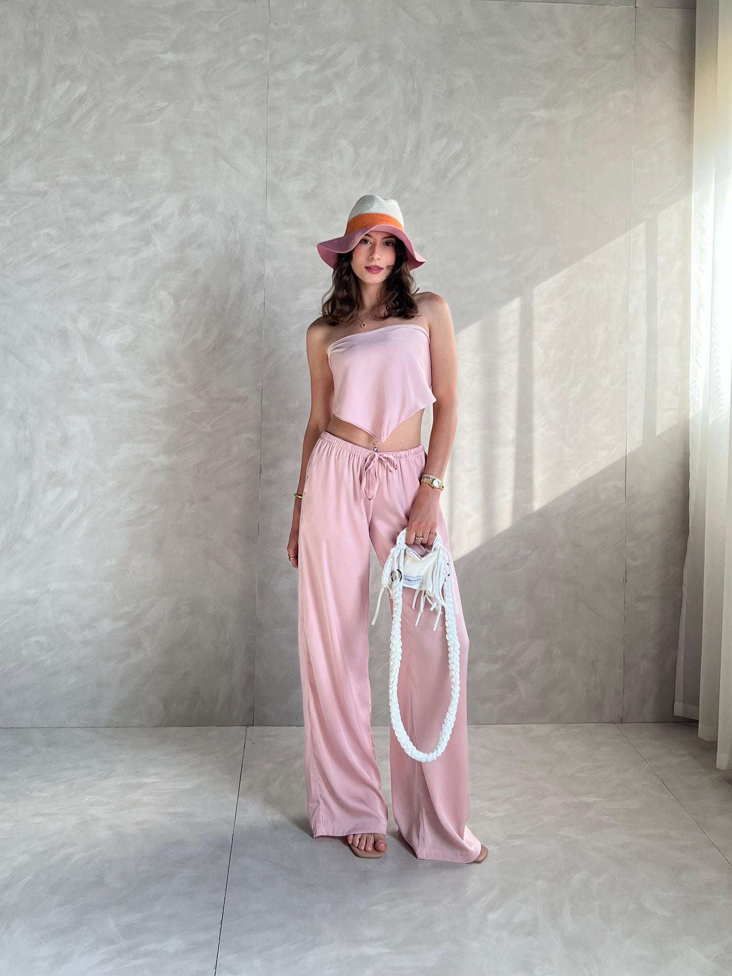 Dusty Pink Allure Satin Scarf Top & Wide-Leg Pants Set