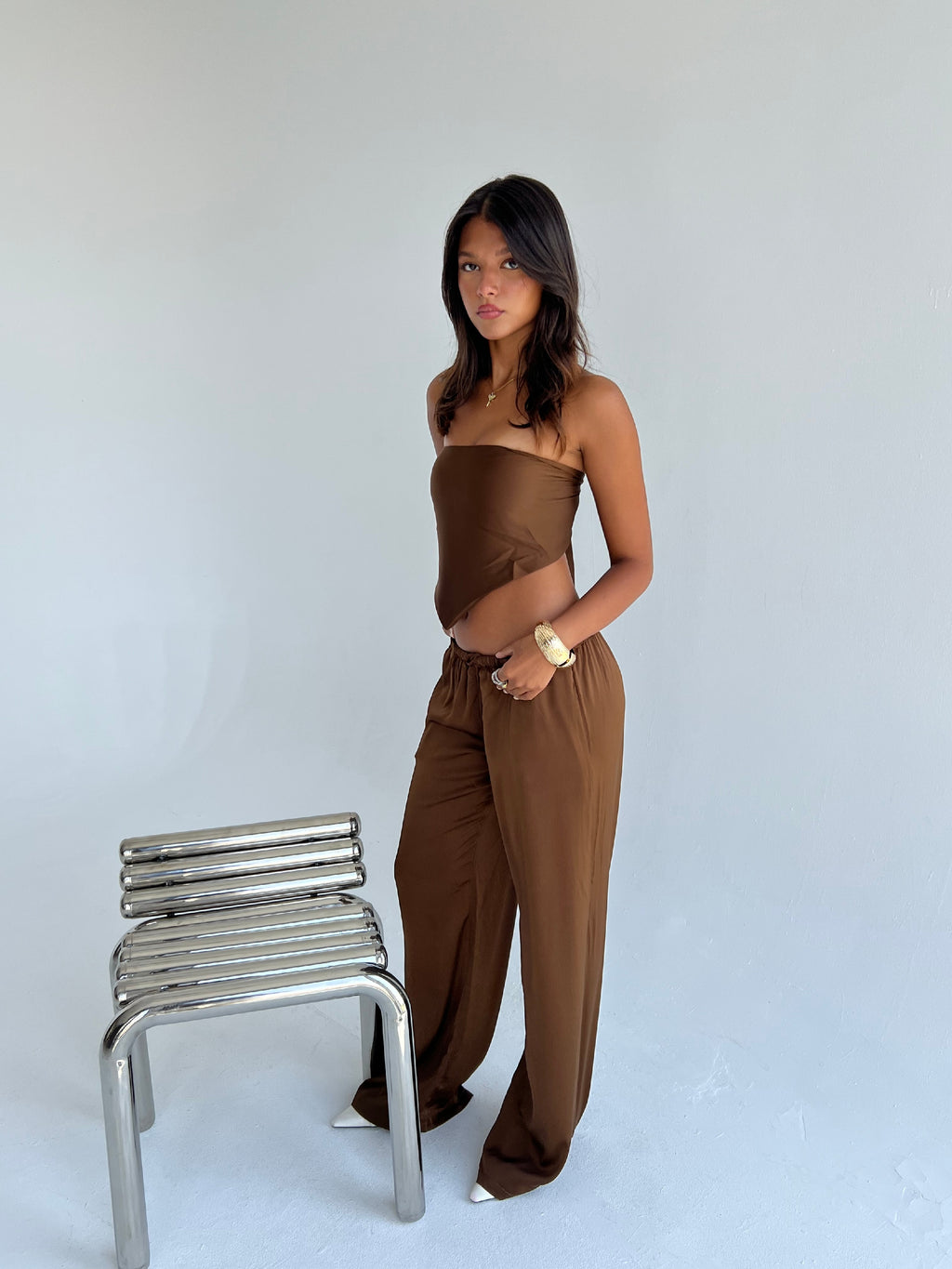 Allure Satin Scarf Top & Wide-Leg Pants Set