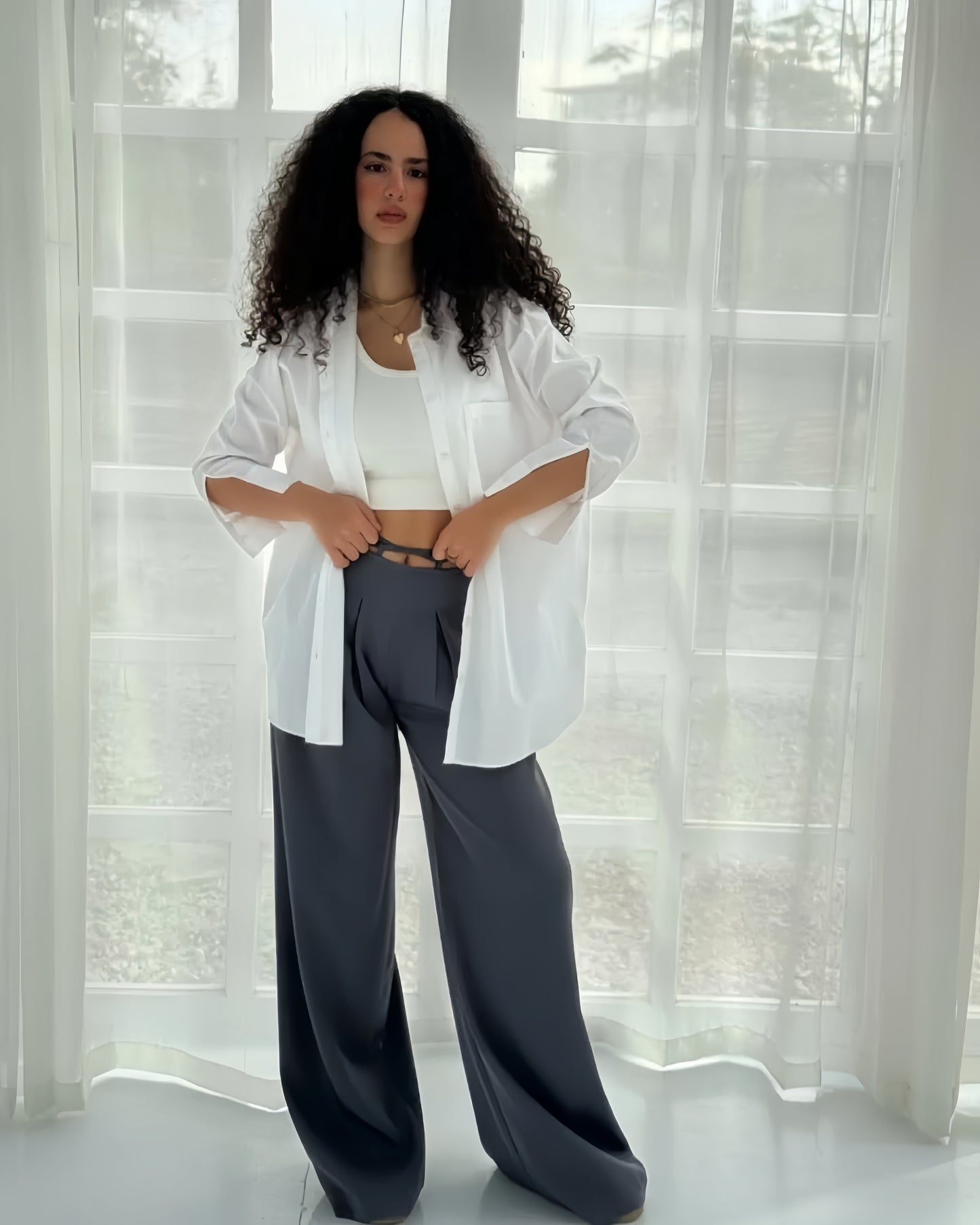 Grey Belt &amp; Pleats Pants