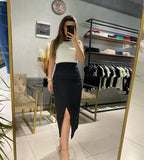 Asymmetric Wrap Midi Skirt - Black