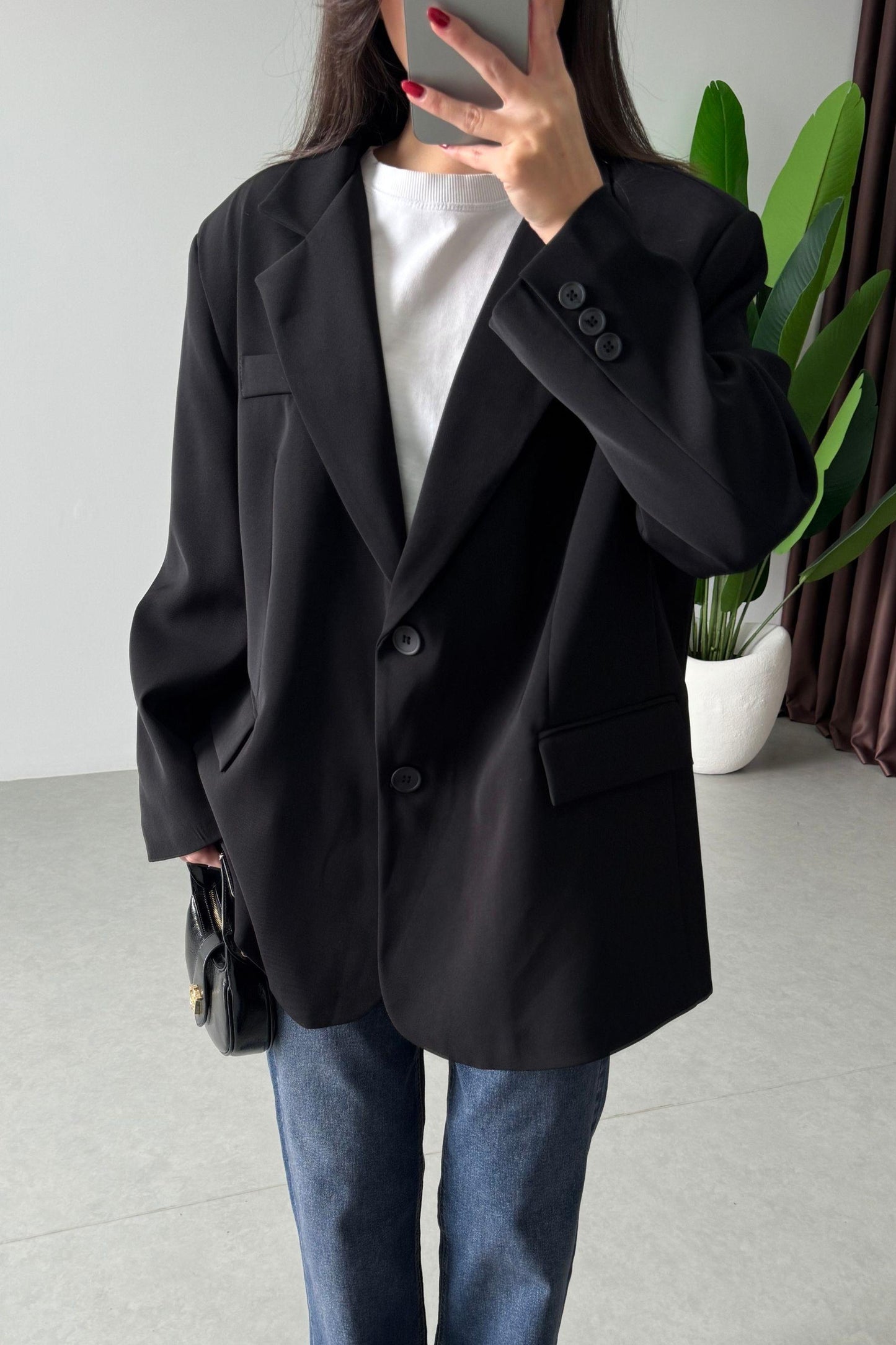 Black Oversized Textured Basic Blazer