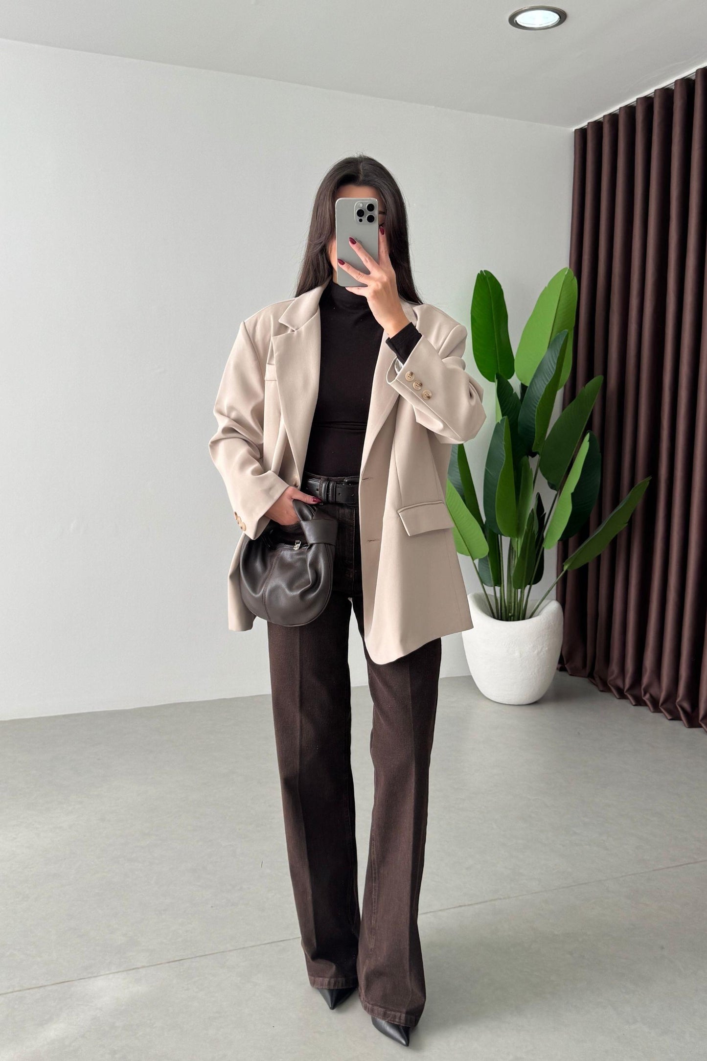 Beige Oversized Textured Basic Blazer