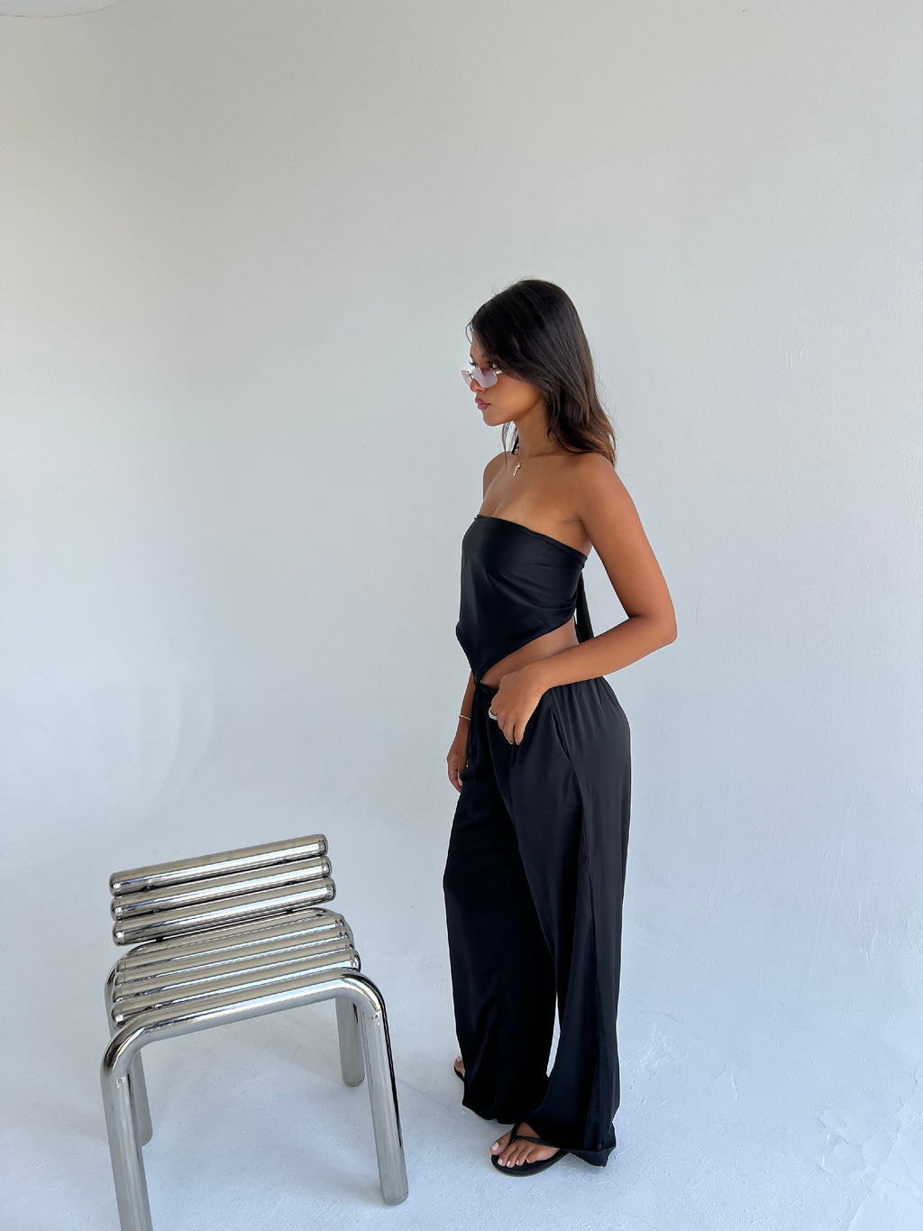 Allure Satin Scarf Top & Wide-Leg Pants Set