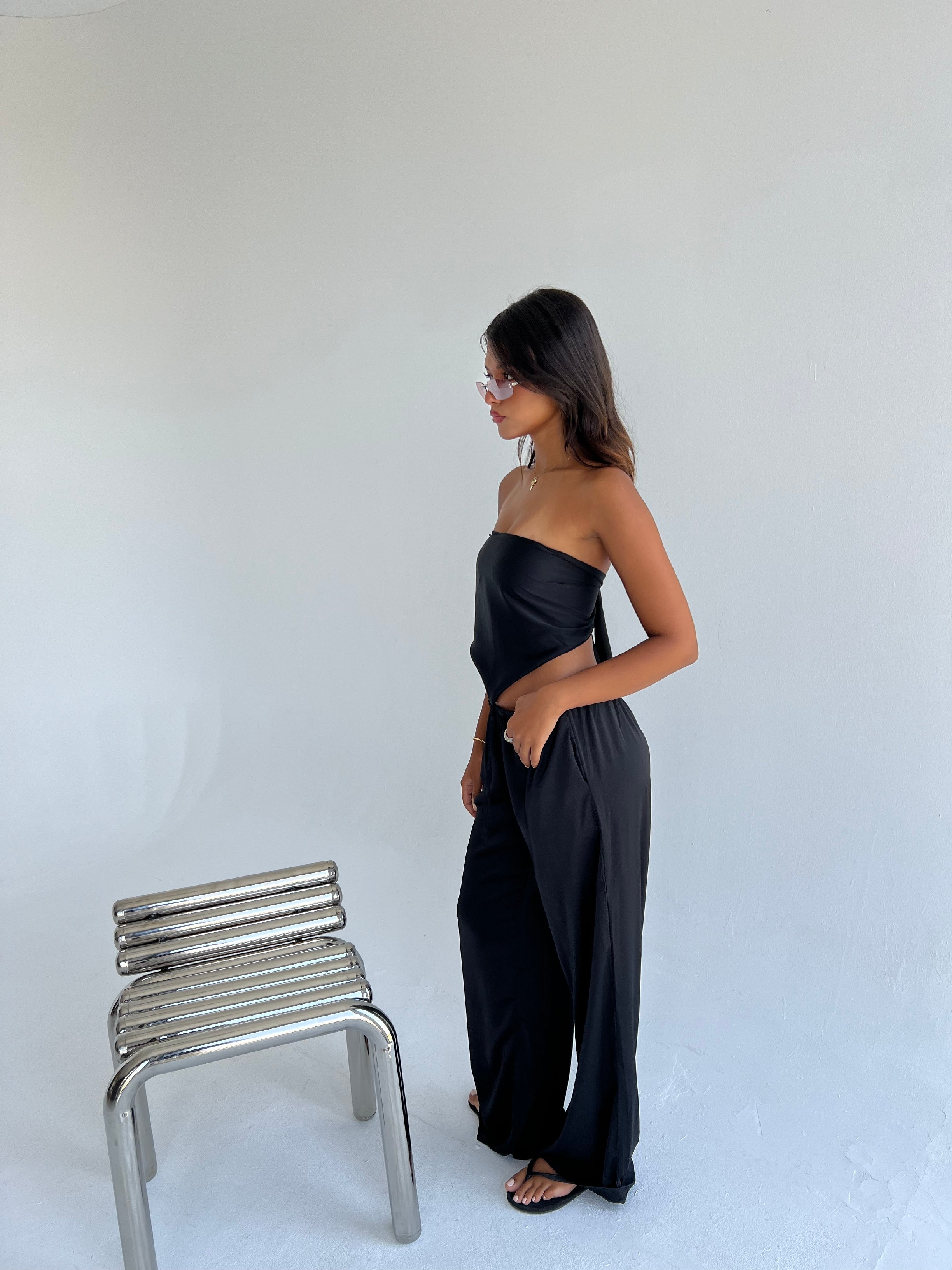 Allure Satin Scarf Top & Wide-Leg Pants Set