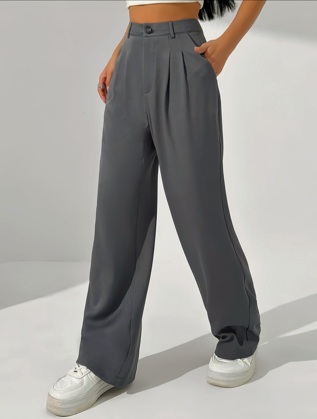 Grey-High Waisted Wide Leg Pants