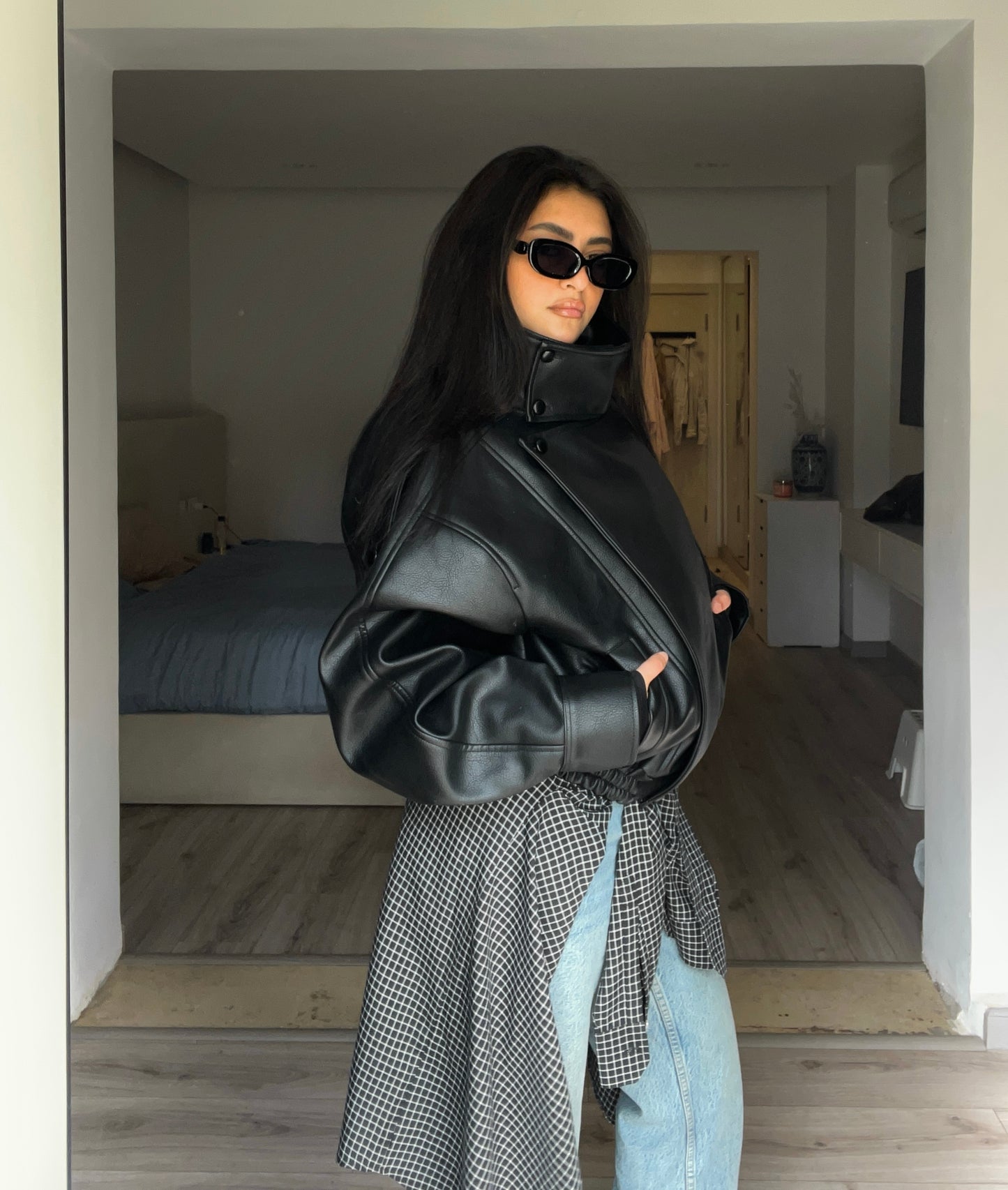 Black High Collar Faux Leather Jacket