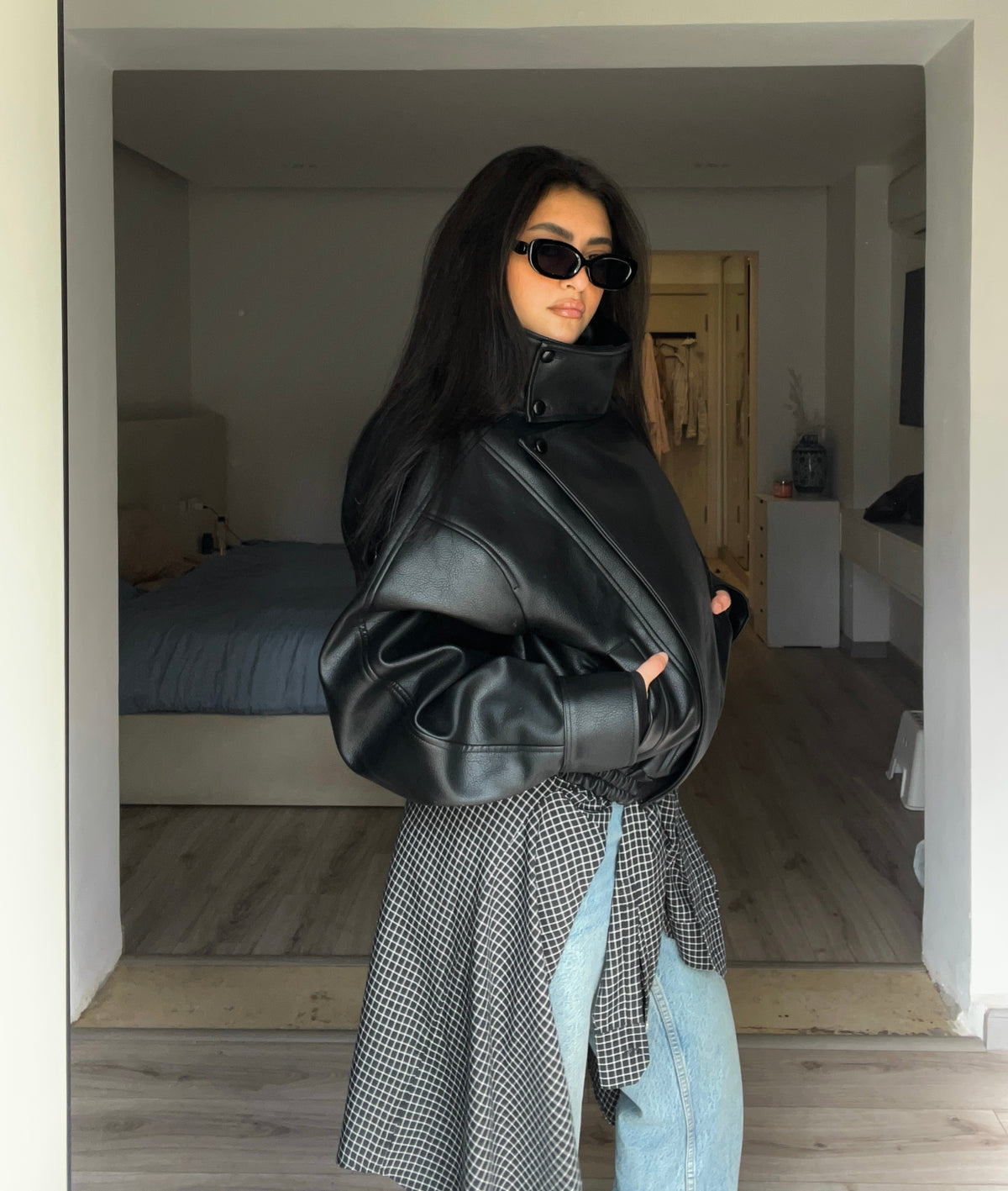Black High Collar Faux Leather Jacket