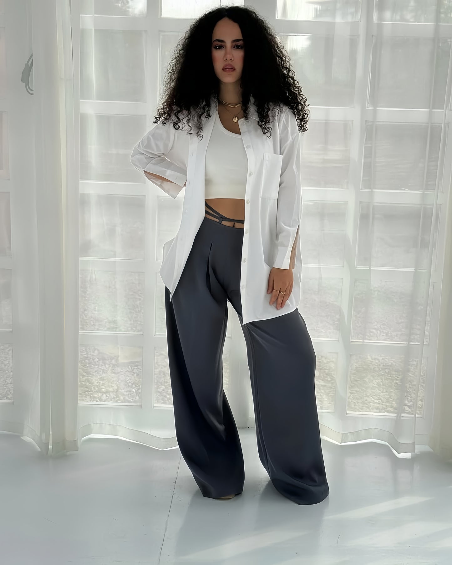Grey Belt &amp; Pleats Pants