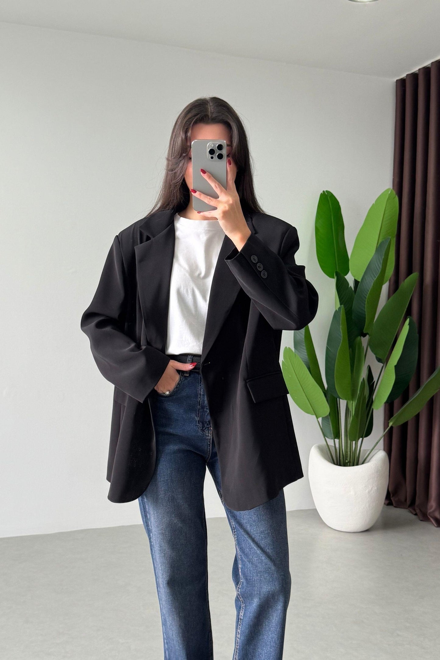 Black Oversized Textured Basic Blazer