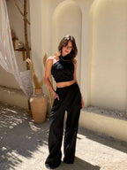 Black Linen Neck Tie Set