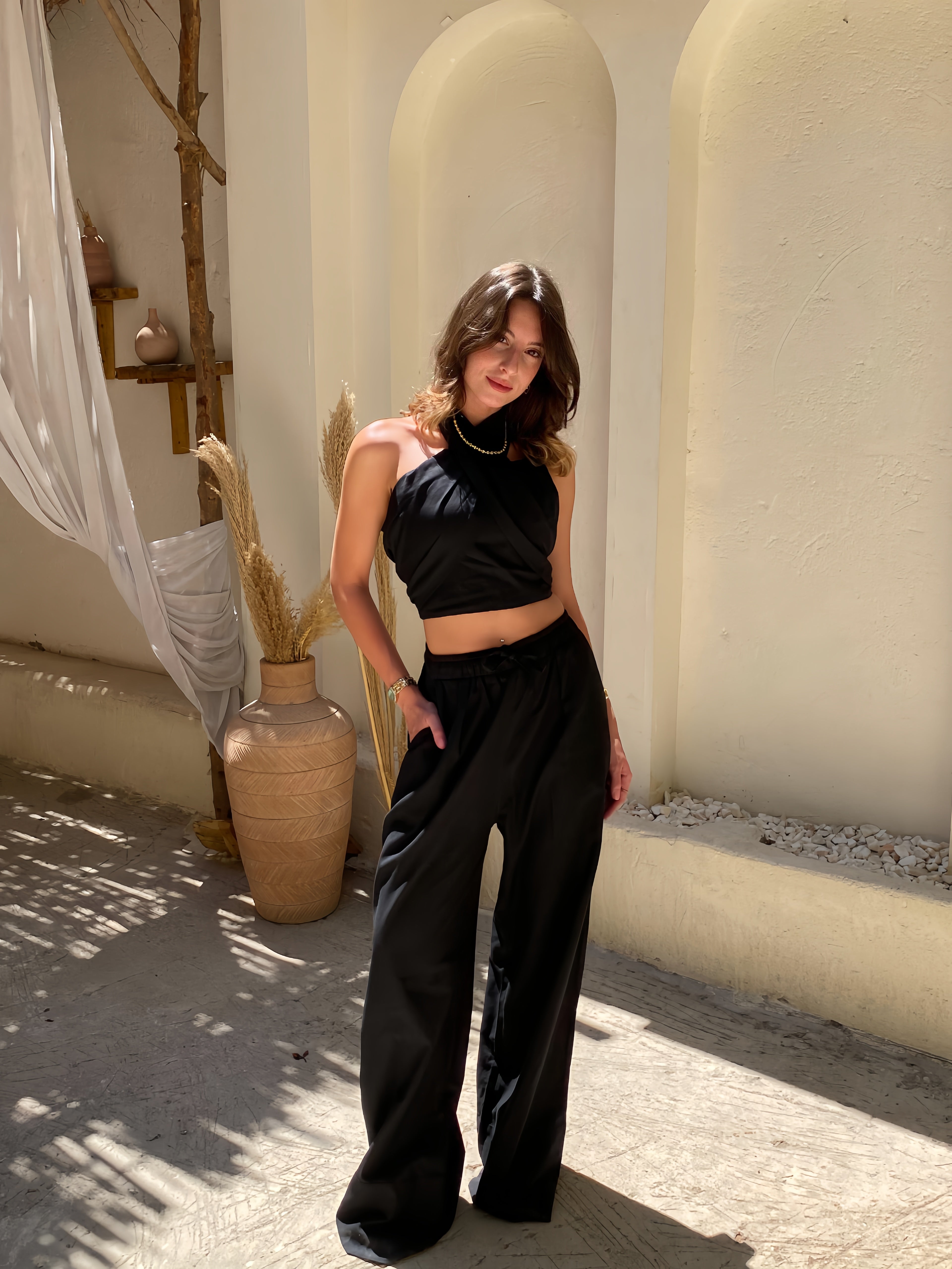 Black Linen Neck Tie Set