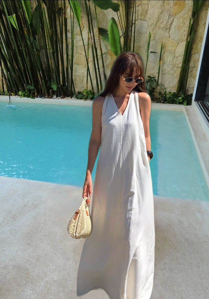 White Back Detailed V Neck Premium Linen Dress