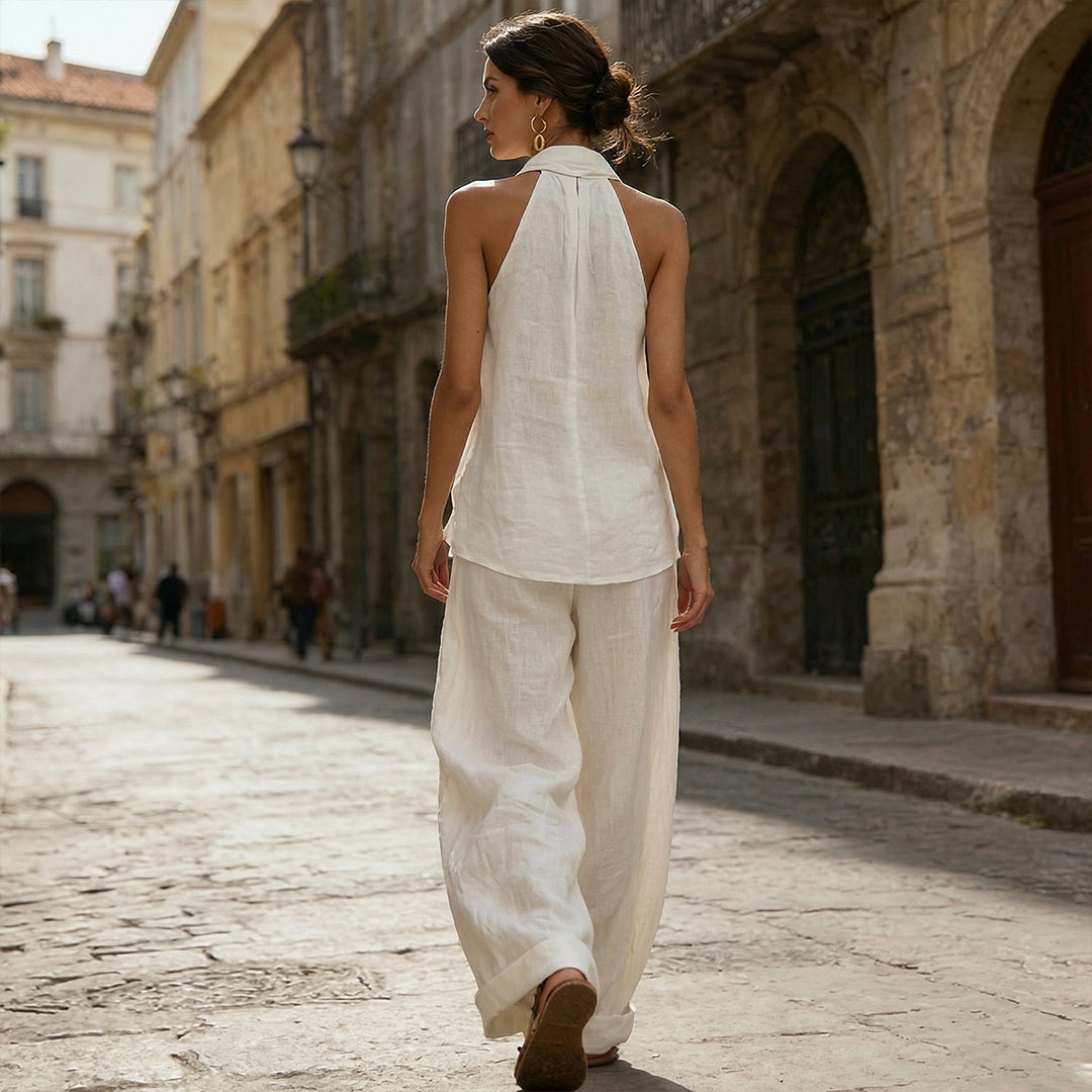 Luna Halter Linen Set – White