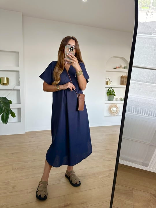 Navy Linen Midi Dress