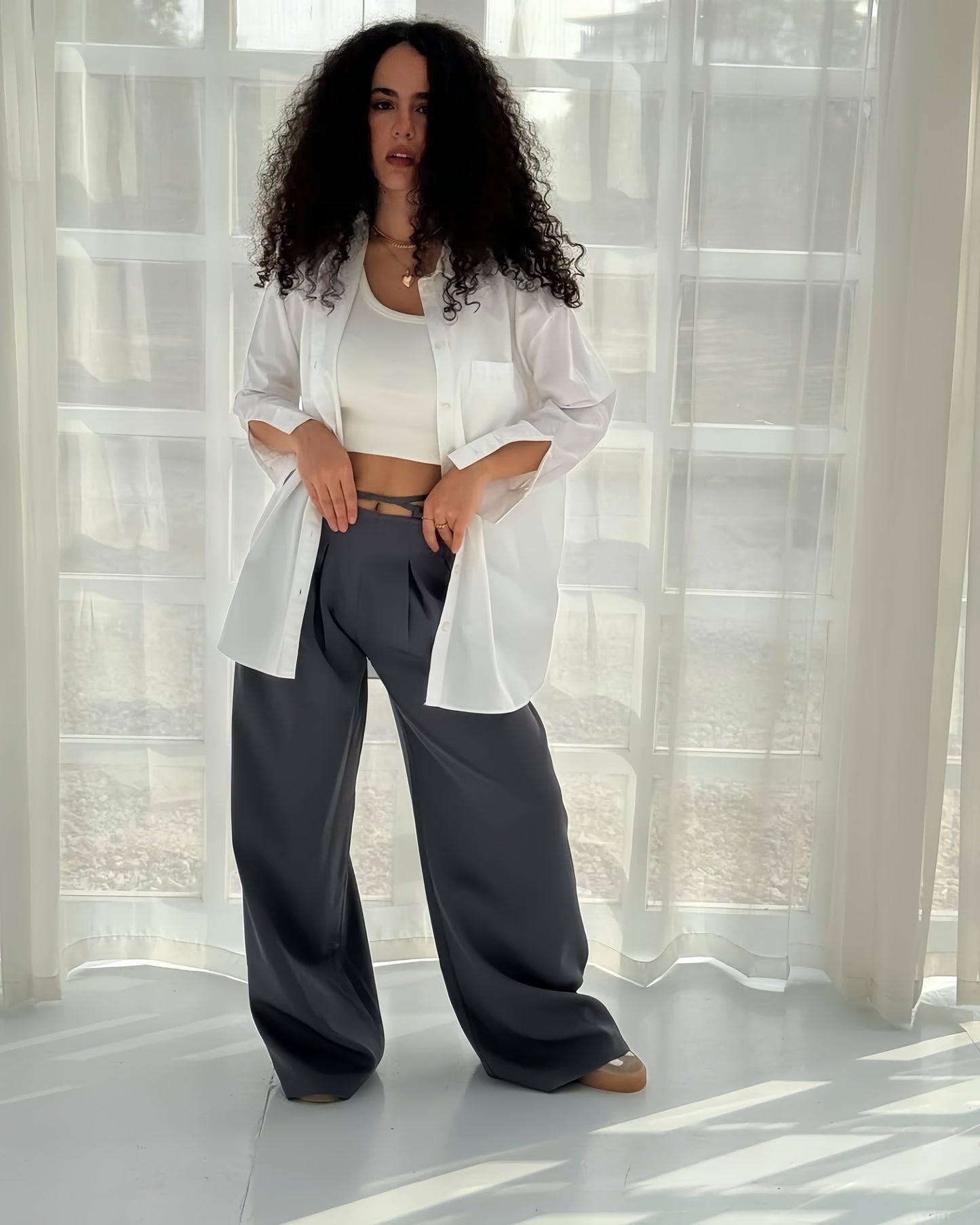 Grey Belt &amp; Pleats Pants