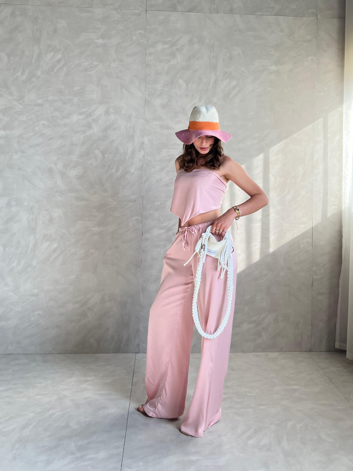 Dusty Pink Allure Satin Scarf Top & Wide-Leg Pants Set